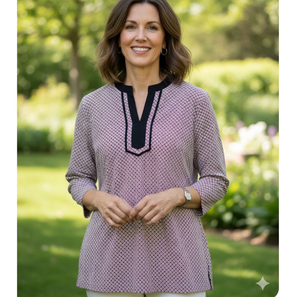 Talbots Blouse Size L Geometric Print V-Neck Trim Tunic Preppy Career Mod